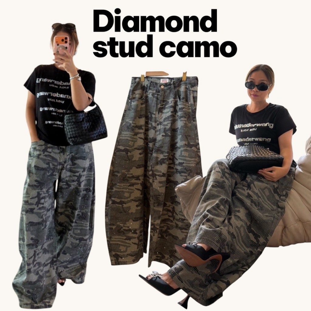 กางเกงทหารปักหมุดเพชร Diamond Stud Camo Pants