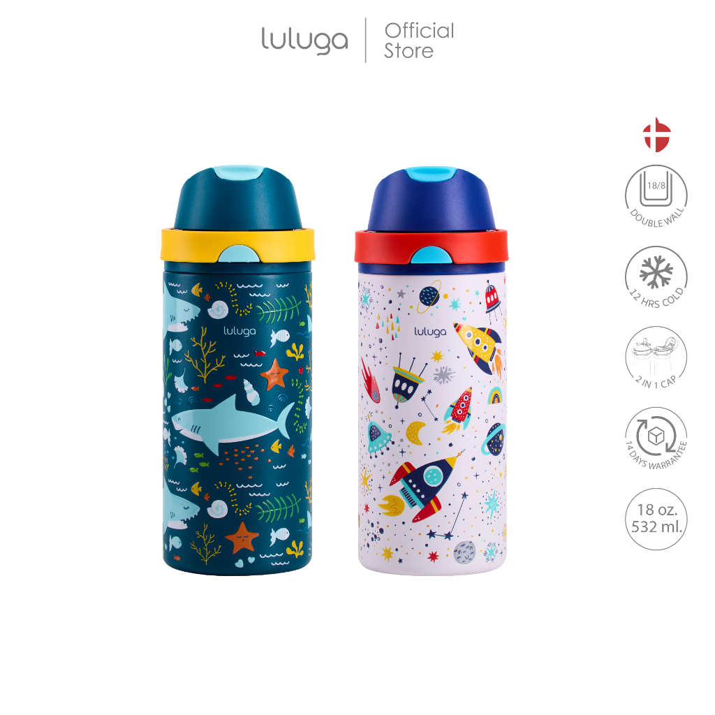 ขวดน้ำเด็ก LULUGA ลายผู้ชาย กระติกน้ำเด็กเก็บอุณหภูมิ สุญญากาศ 18/8 stainless steel 530 ml ดีไซน์ 2in1 หลอดดูดและยกดื่ม