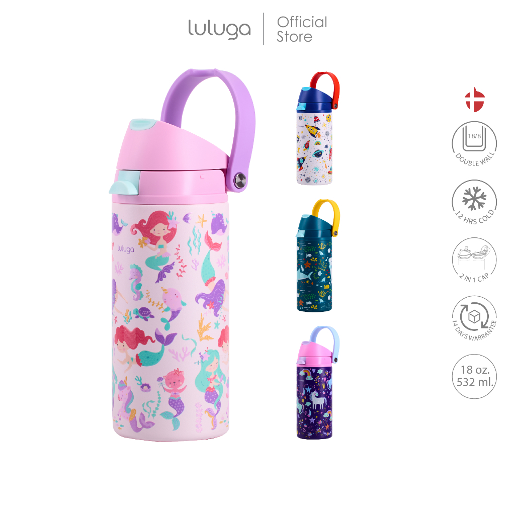 ขวดน้ำเด็ก LULUGA กระติกน้ำเด็กเก็บอุณหภูมิ ระบบสูญญากาศ 18/8 stainless steel ขนาด 530 ml ดีไซน์ 2in1 หลอดดูดและยกดื่ม