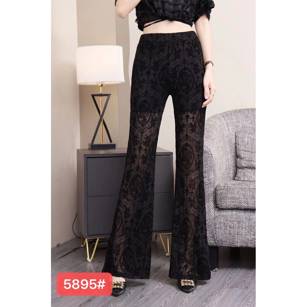 กางเกงขาม้าเนื้อผ้ายืดตาข่าย มีมาเพิ่มหลายลาย แต่งลายด้วยลายกำมะหยี่ #5895