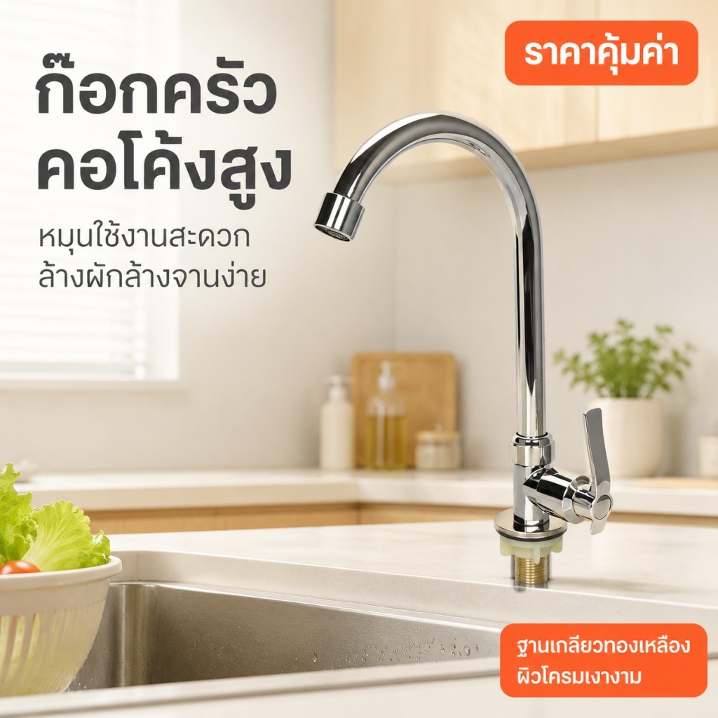 ก๊อกครัวคอโค้งสูง ผิวโครเมี่ยมเงางาม ฐานเกลียวทองเหลือง หมุนหัวน้ำได้ 360 องศา ใช้งานสะดวก สำหรับอ่างล้างจานครัว ราคาคุ้