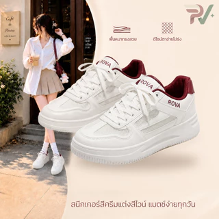 RoseVida รองเท้าผ้าใบผู้หญิง สีขาวครีม วินเทจ สไตล์เกาหลี แฟชั่นทรงเตี้ย พื้นยางกันลื่น พื้นนุ่ม ใส่สบาย พร้อมส่ง