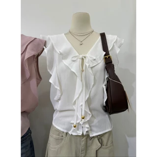 M2129 เสื้อแขนระบายแต่งระบายหน้า ดีเทลผูกโบว์สุดคิ้วท์