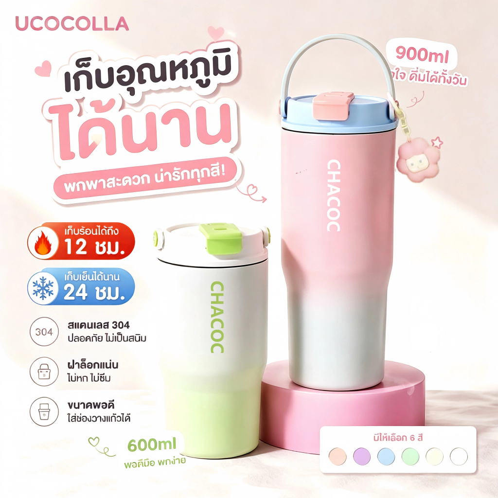 UCOCOLLA แก้วน้ํา สแตนเลส 304 ร้อนและเย็น ใช้หลอดดูด แก้วกาแฟพกพา 600/900ml สไตล์เรียบง่าย แก้วเยติ การไล่ระดับ
