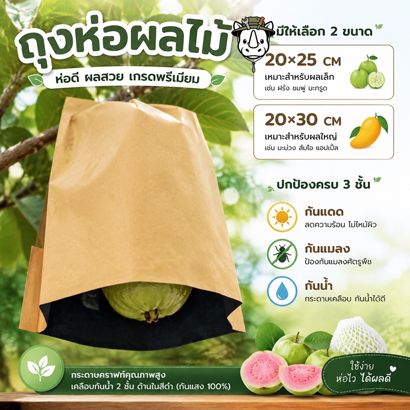 จำนวน 100 ถุงกระดาษคาร์บอน ถุงห่อผลไม้ ขนาด 20x30 cm ป้องกันแมลงวันทองช่วยให้ผลไม้มีสีและผิวสสองชั้นกันน้ำ กันนก บังแสง