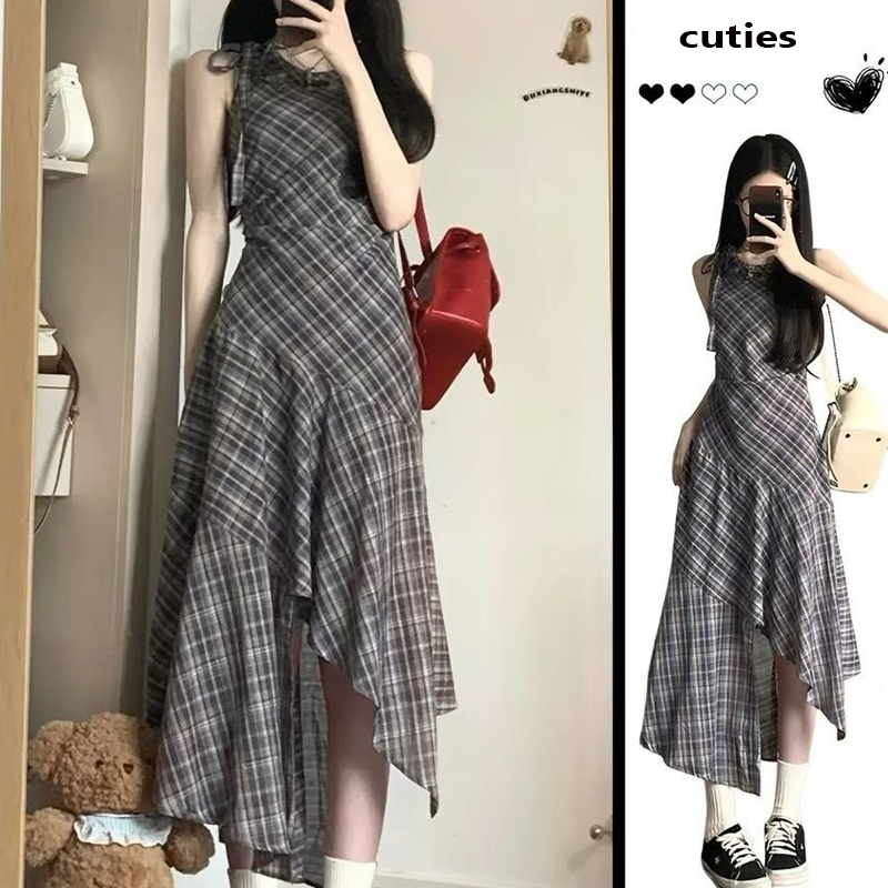 Cuties 99532 เดรสลายสก๊อต แขนกุด สายเดี่ยวลายสก็อตทรงเอ กระโปรงยาว สาวเกาหลีสุดฮอต ชุดไปเที่ยว