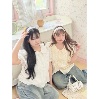 Chubbygirlbkk-Alice ribbon top₊˚⊹ᰔเสื้อเชิ้ตคอบัว แต่งริ้บบิ้น ผ้าคอตตอนฉลุ ผ้านุ่ม ใส่าบาย สาวอวบ