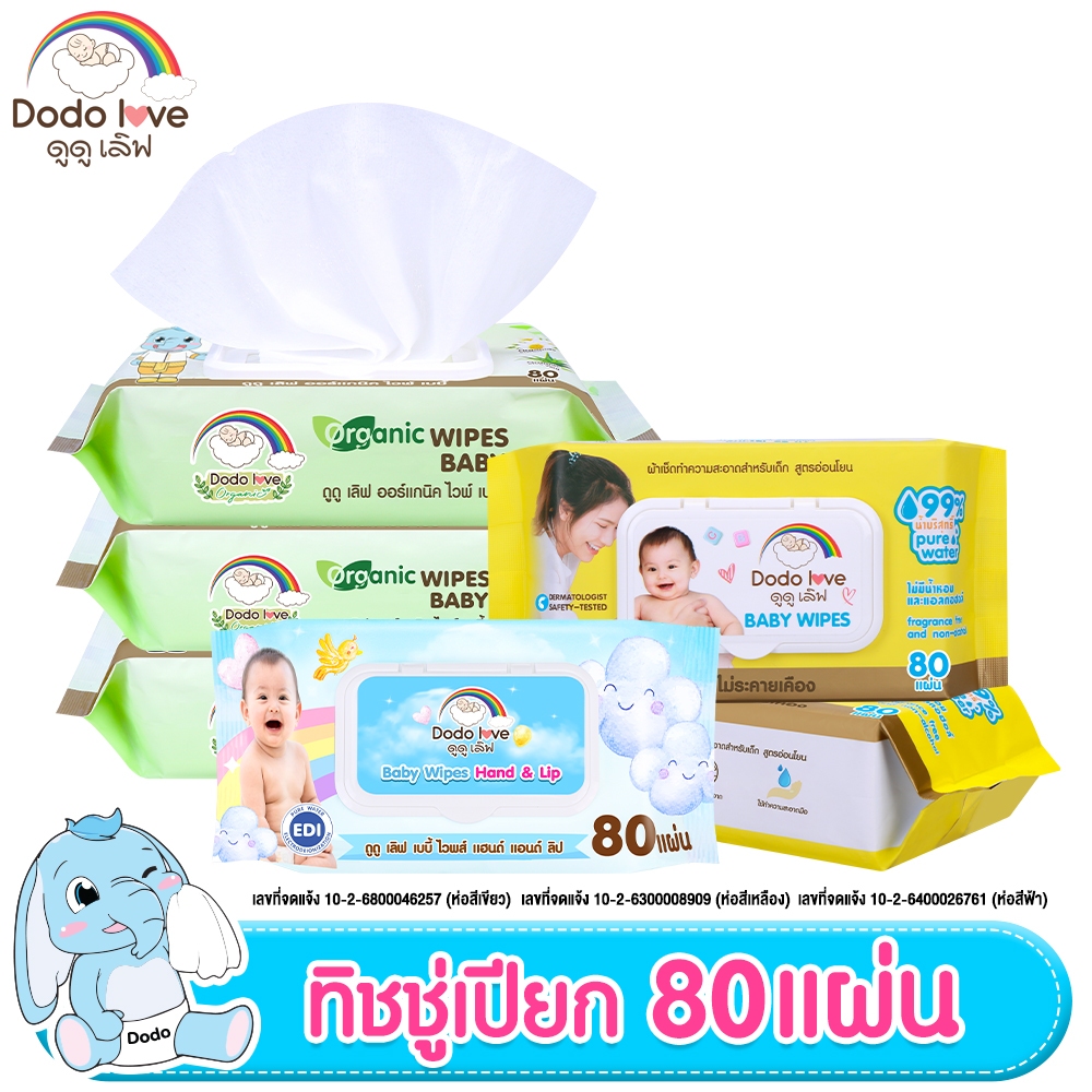 DODOLOVE Baby Wipes ผ้าเช็ดทำความสะอาดสำหรับเด็ก ออร์แกนิค ห่อเล็ก ใหญ่ 42/80 แผ่น ทิชชู่เปียก ผ้าเปียก สูตรอ่อนโยน