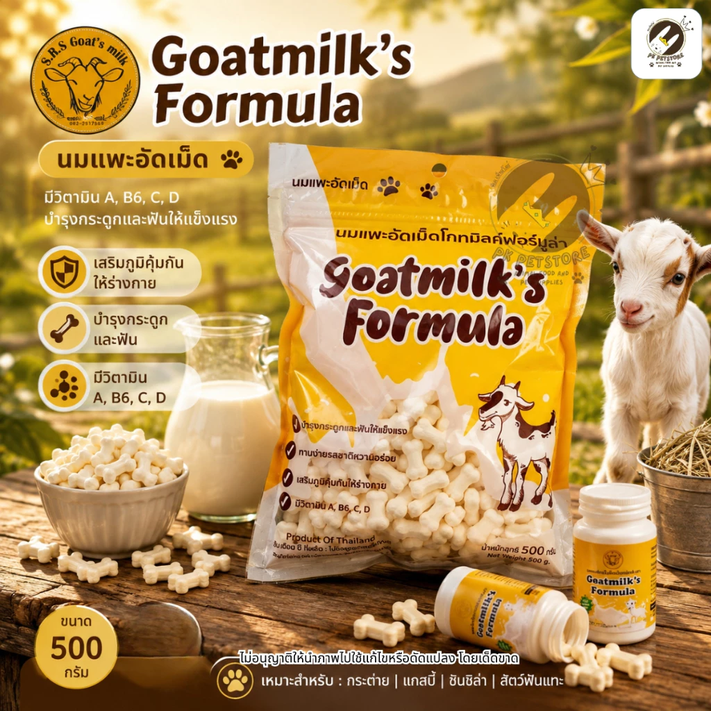 Goatmilk Formula นมแพะอัดเม็ด ขนมหมา ขนมแมว ชูก้าไกลเดอร์ รสกลมกล่อม มีวิตามินและแคลเซียม ขนาดใหญ่ 500 กรัม