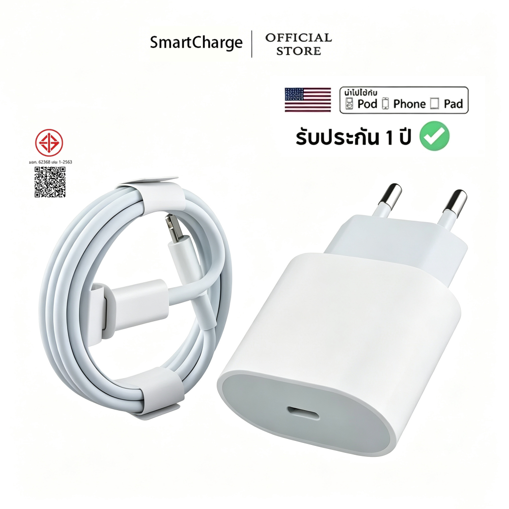 [ รับประกัน 1 ปี ]ชุดชาร์จ pd 20w สายชาร์จ + หัวชาร์จ TypeC 20w fastcharging แจ็คกลม สำหรับ ip5 - i14 pro max se
