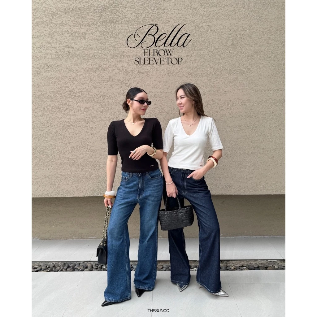 THESUNCO - BELLA ELBOW SLEEVE TOP เสื้อคอวีแขนครึ่ง เสริมบ่า ใส่หุ่นสวย