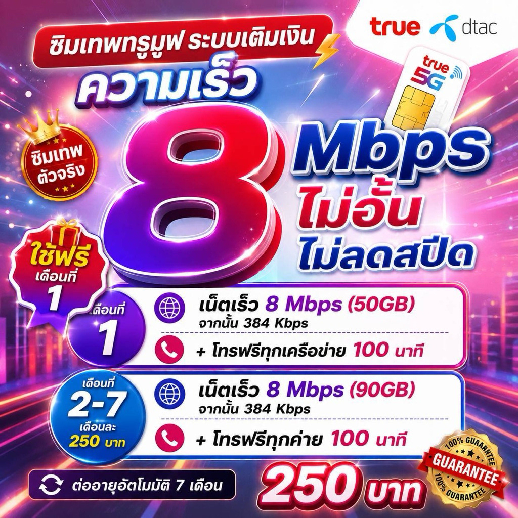 เน็ตความเร็ว 10 Mbps, 8 Mbps ไม่อั้นไม่ลดสปีด +โทรฟรีทุกเครือข่ายตลอดทั้งเดือน