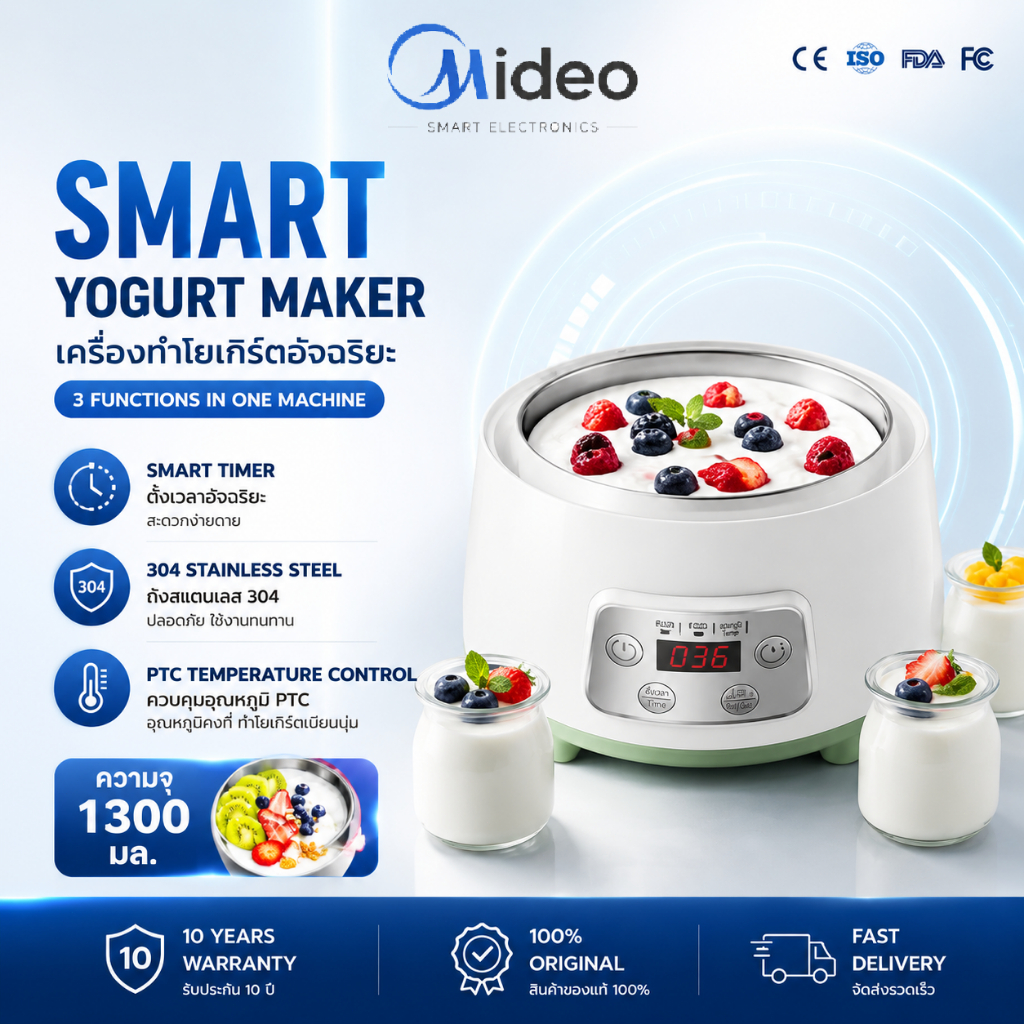 Mideo เครื่องทำโยเกิร์ตอัตโนมัติ ความจุ 1.3ลิตร 304 ภาชนะเกรดอาหาร DlY อาหาร เครื่องโยเกิร์ต