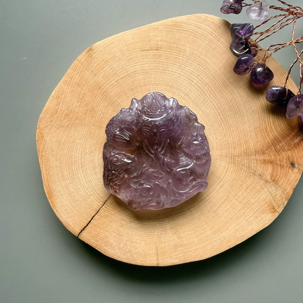 ชาร์มจิ้งจอก Lavender Amethyst งานแกะสลัก