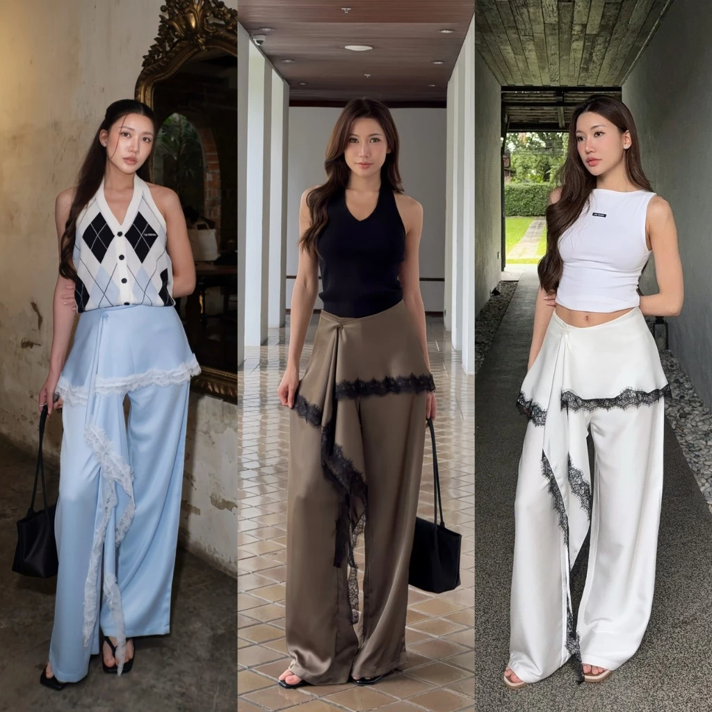 memade. กางเกงขากระบอกกลาง ผ้าซาตินลูกไม้ Lace trim pants