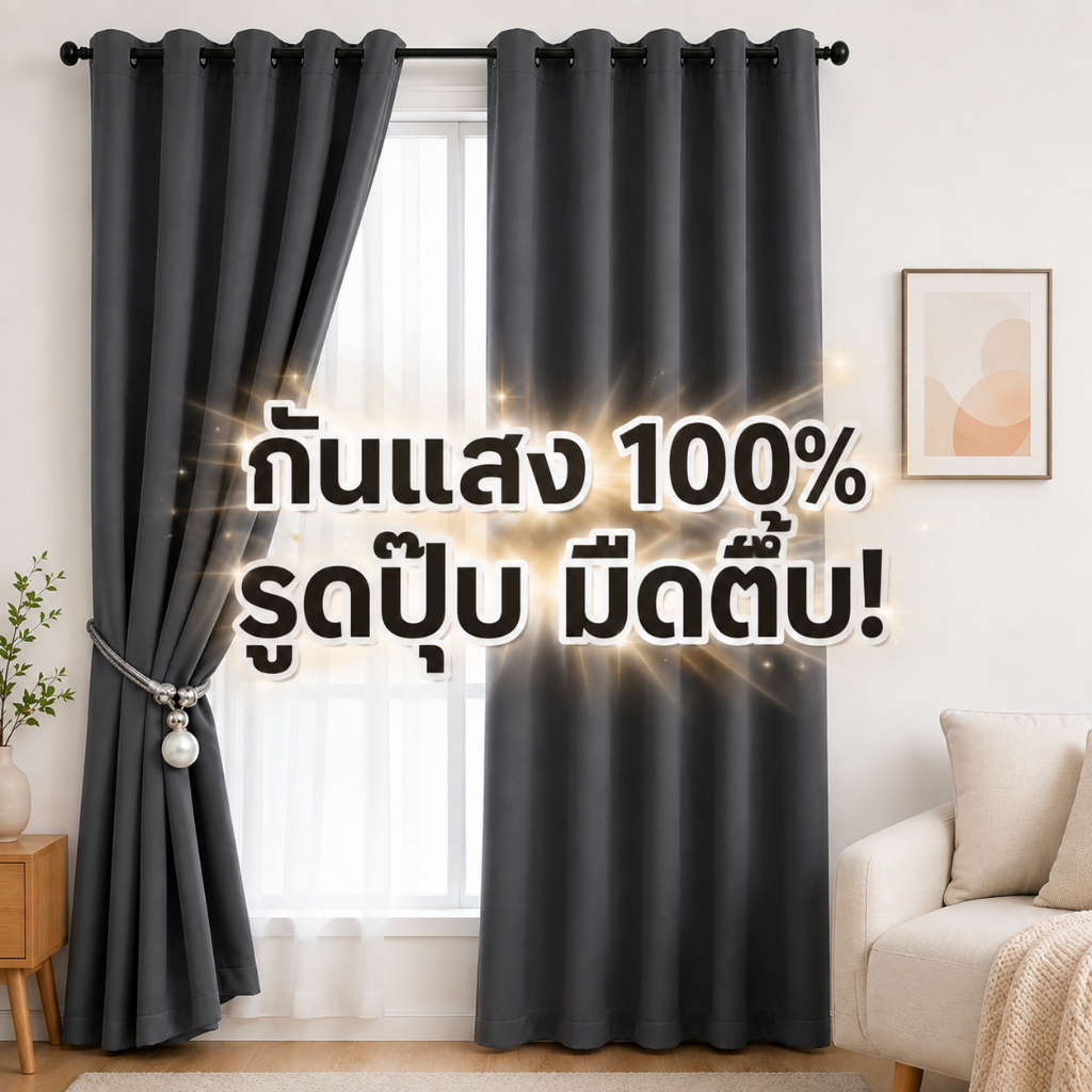 [ดึงปุ๊บมืดปั๊บ] ผ้าม่านทึบแสง 100% สีพื้น แบบตาไก่ สำหรับประตูและหน้าต่าง