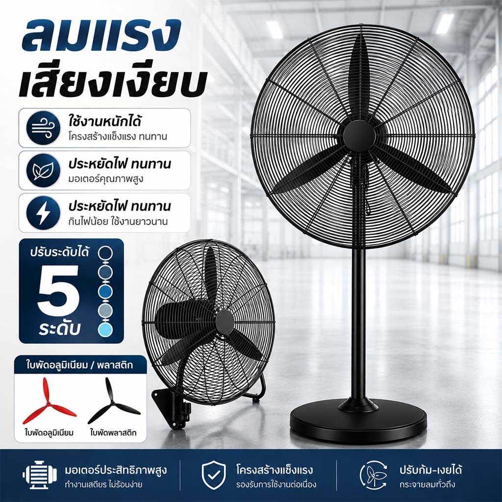 พัดลมโรงงาน ลมแรงพิเศษเป่าไกลสูงสุด 100 เมตร แข็งแรง ทนทาน ประหยัดไฟ ระบายอากาศดี สำหรับโรงงาน โกดัง รับประกัน 3 ปี