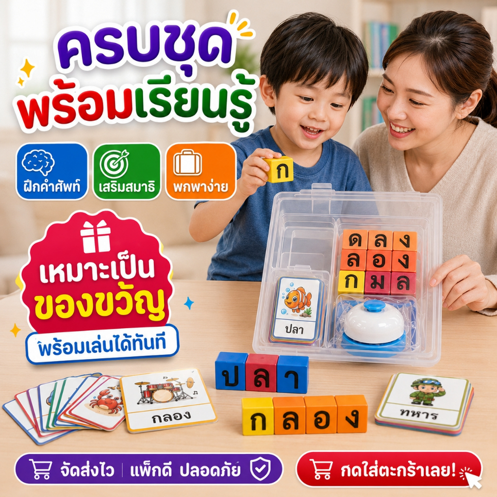 บล็อกต่อคำศัพท์หรรษาภาษาไทย ตัวต่อแม่เหล็ก 16 ชิ้น พร้อมบัตรคำ 20 ใบ เหมาะสำหรับเด็กอายุ 1-11 ปี ของเล่นเสริมพัฒนาการ