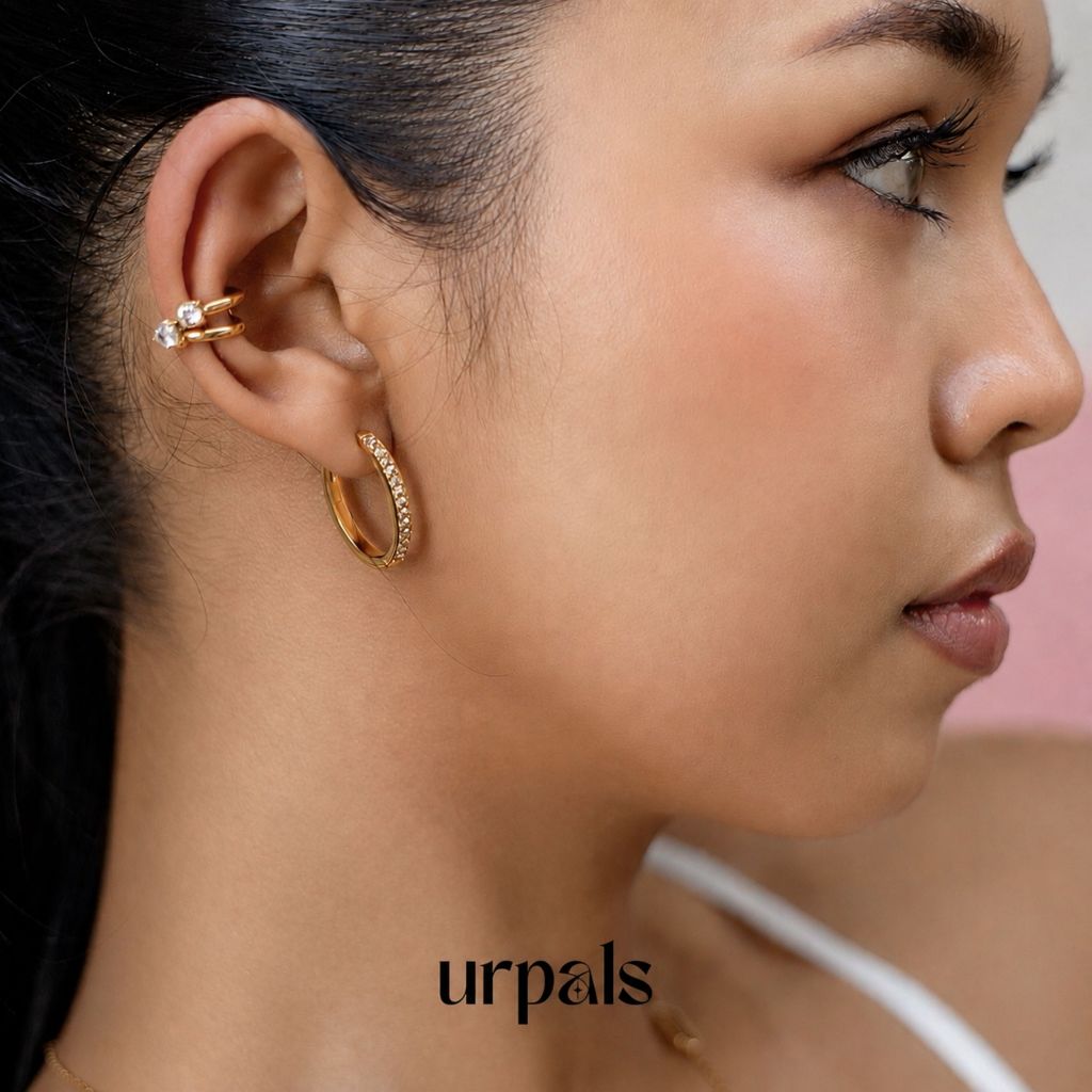 URPALS ต่างหูห่วง Stainless ชุบทอง 18K ฝังเพชร Diamond CZ ไม่ลอก ไม่ดำ แพ้ง่ายใส่ได้