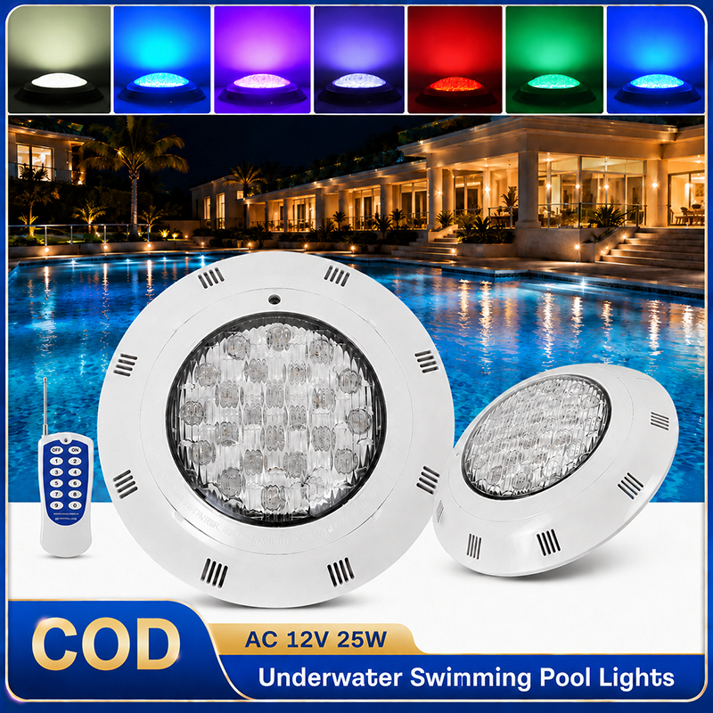 โคมไฟใต้น้ำ LED RGB AC12V IP68 ไฟสระว่ายน้ำ เปลี่ยนสี RGB หลายโหมด พร้อมรีโมทคอน โทรล 12W 18W 25W ใช้กับสระว่ายน้ำ น้ำพุ