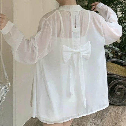 พลัสไซส์ - เสื้อคาร์ดิแกนผู้หญิงไซส์ใหญ่ใหม่สำหรับฤดูร้อน สไตล์ฝรั่งเศสเรียบหรู ดีไซน์โบว์หลัง สไตล์ชายหาดสุดฮิต เสื้อแข