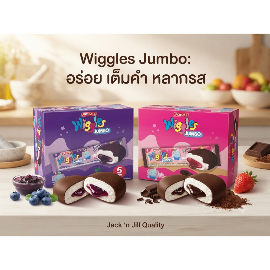 วิกเกิ้ลส์ จัมโบ้ Wiggles Jumbo มาร์ชแมลโลว์นุ่มละมุน เคลือบช็อกโกแลตฉ่ำๆ สอดไส้แน่นเต็มคำ เคี้ยวเพล