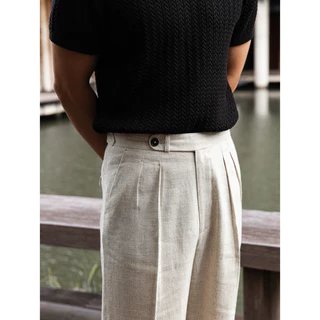 TOFFY & BROWN / REVERSE DOUBLE PLEATED LINEN TROUSERS กางเกงลินินทรงกระบอกตรงเอวสูง