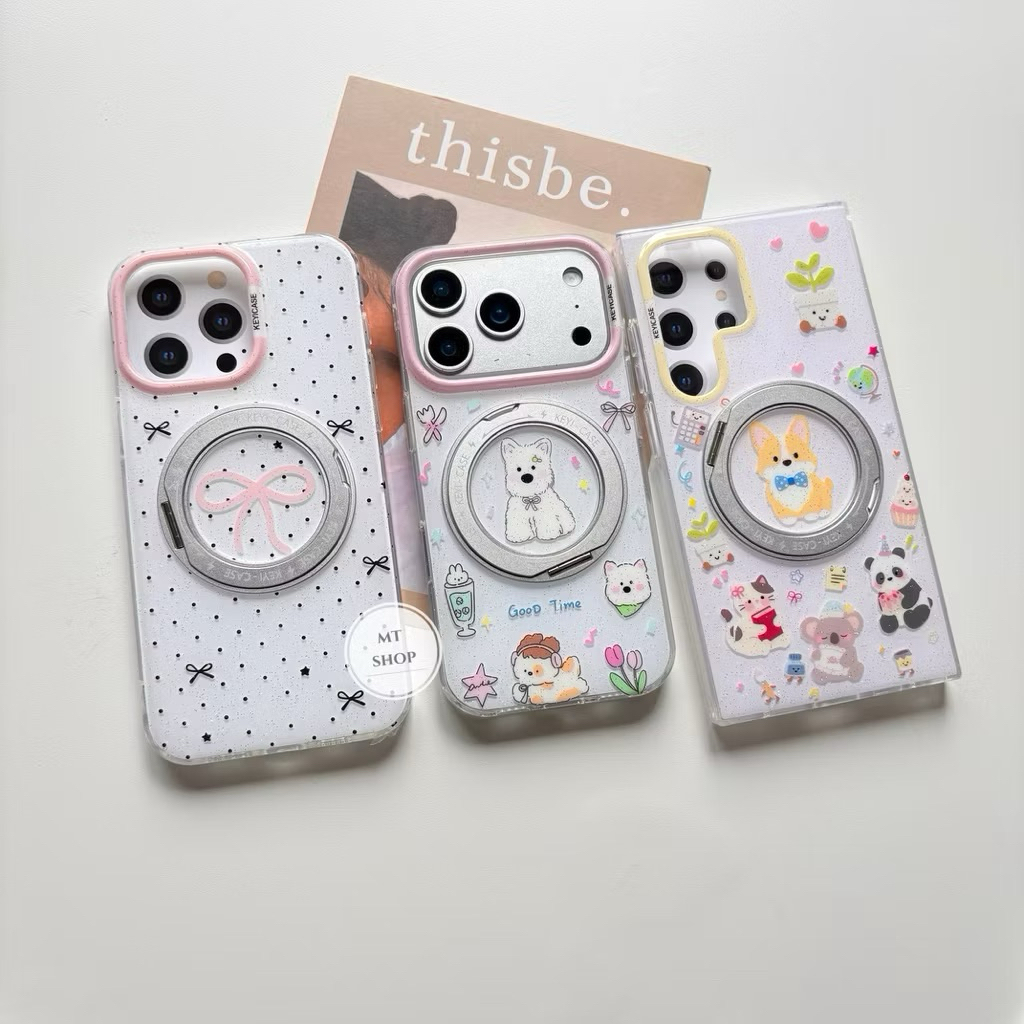 Caseเคสใสกลิตเตอร์ แม่เหล็กชาร์จตั้งได้ หมุนได้ สำหรับรุ่น 13-17ProMax S24Ultra S25Ultra S26Ultra