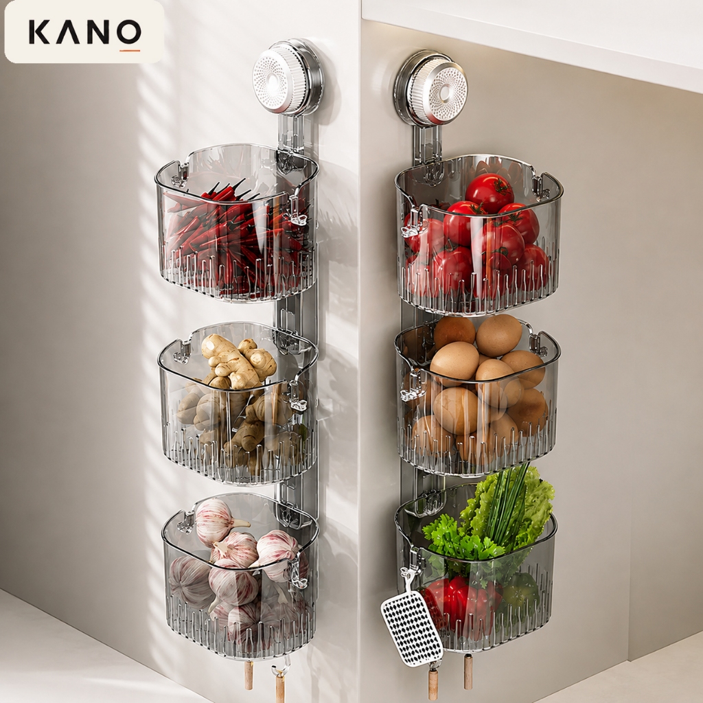 KANO ชั้นวางของในครัว แบบติดผนังไม่ต้องเจาะ ปรับระดับได้ พร้อมตะขอแขวน ระบายน้ำดี ไม่อับชื้น ติดแน่น ใช้งานง่าย