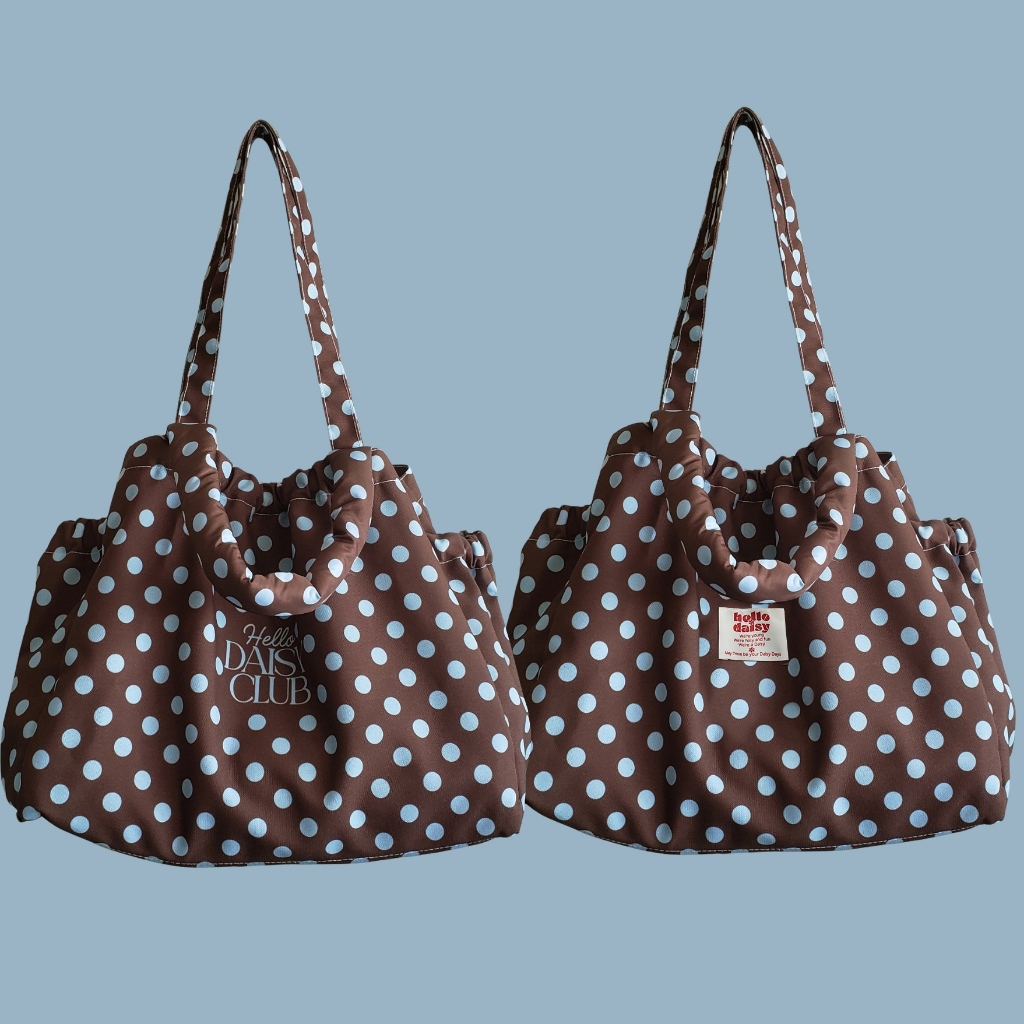 Hello Daisy- Pumpkin bag - XL ลายจุด polka dot  สีน้ำตาล-ฟ้า