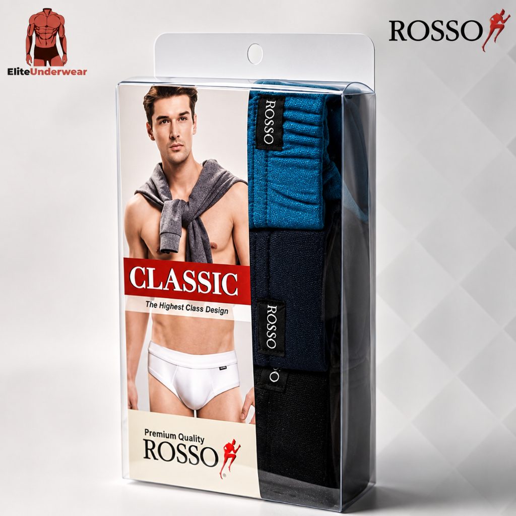 ROSSO (รุ่น 0235A) กางเกงชั้นในชาย ทรงเข้ารูป ขอบใหญ่สวยงาม ผ้านุ่มใส่สบาย สีพื้นเรียบหรู คลาสสิก (3 ตัว สีเข้ม 3 สี)