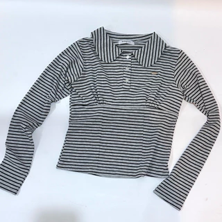Poppy top - เสื้อคอบัวแขนยาวลายริ้ ผ้าเนื้อหนานุ่ม แต่งอะไหล่ (ป๊อปปี้)