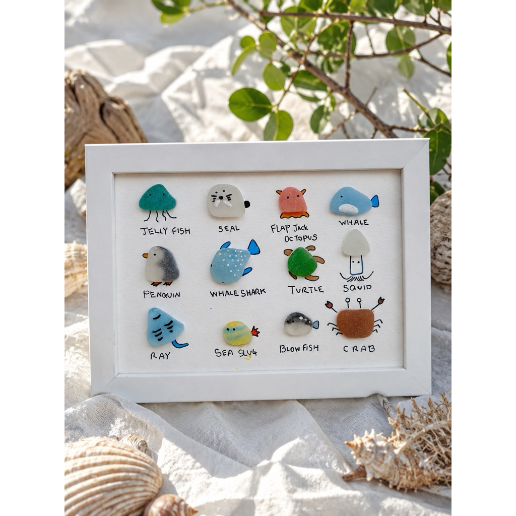 ภาพวาดSea glassจากเกาะล้าน รวมมิตรเหล่าสัตว์ทะเล(ของขวัญ/ของตกแต่งบ้าน)