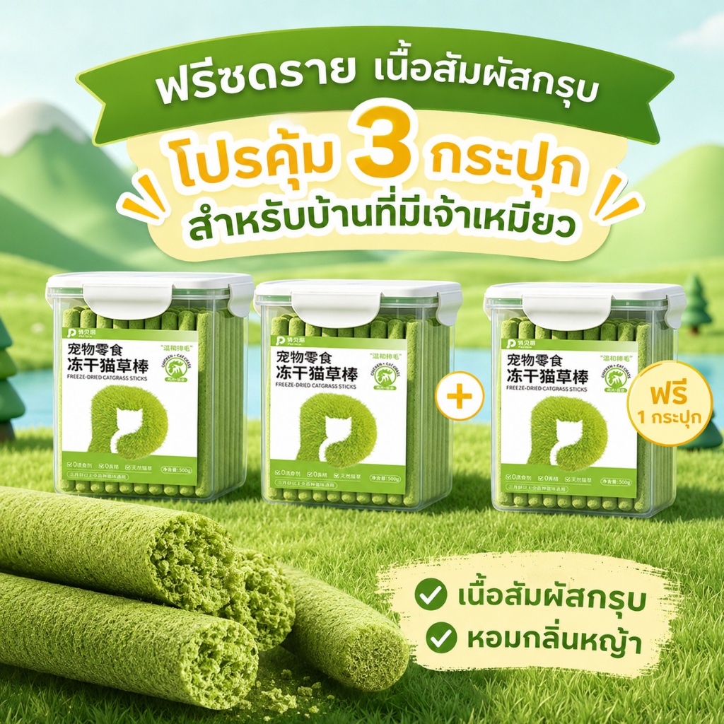 PetClear ขนมหญ้าแมวฟรีซดราย 500g 0 สารล่อกิน 0 แต่งกลิ่น