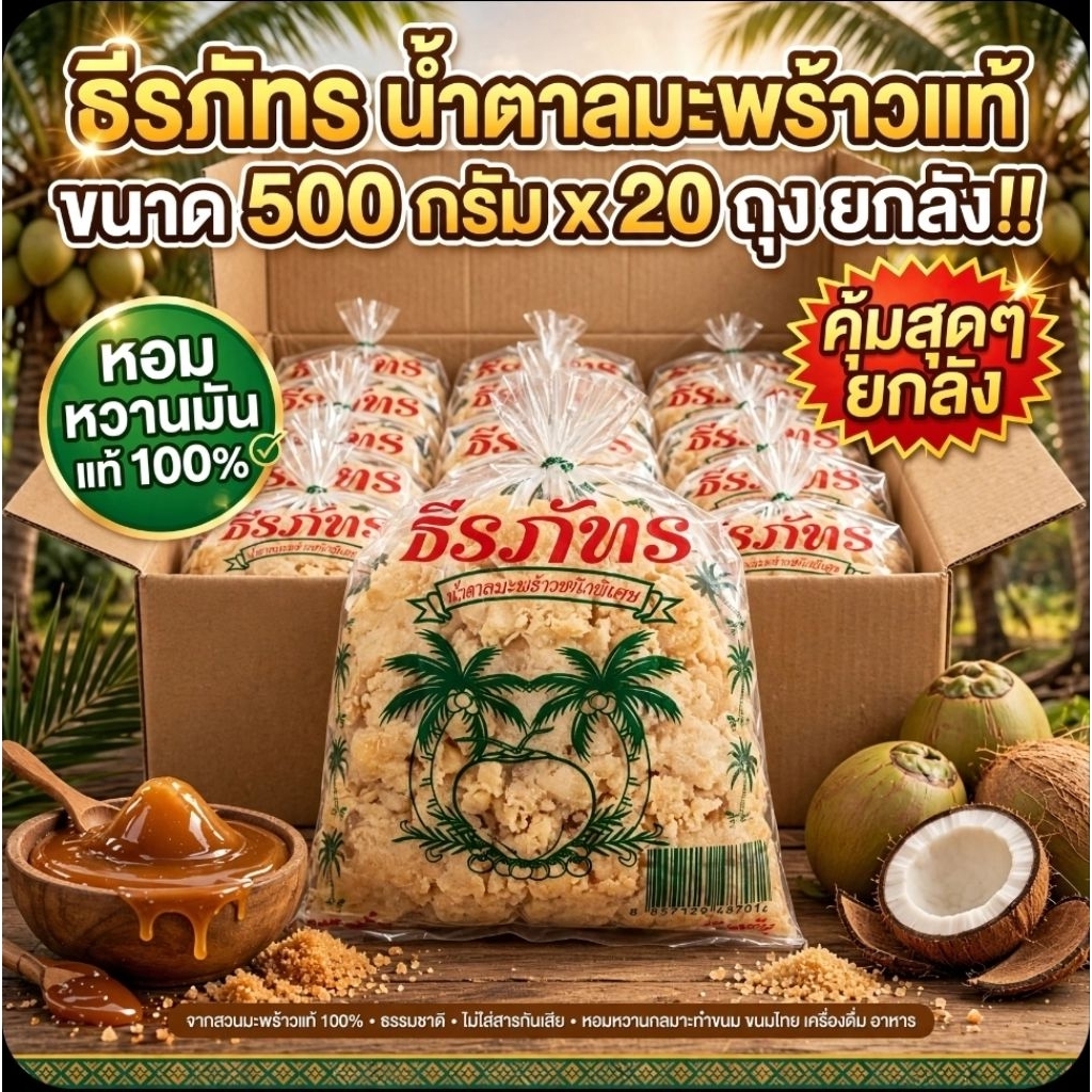 TP ธีรภัทร น้ำตาลมะพร้าวแท้ ชนิดพิเศษ ขนาด 500 กรัม.×20 ถุง.(ยกลัง).
