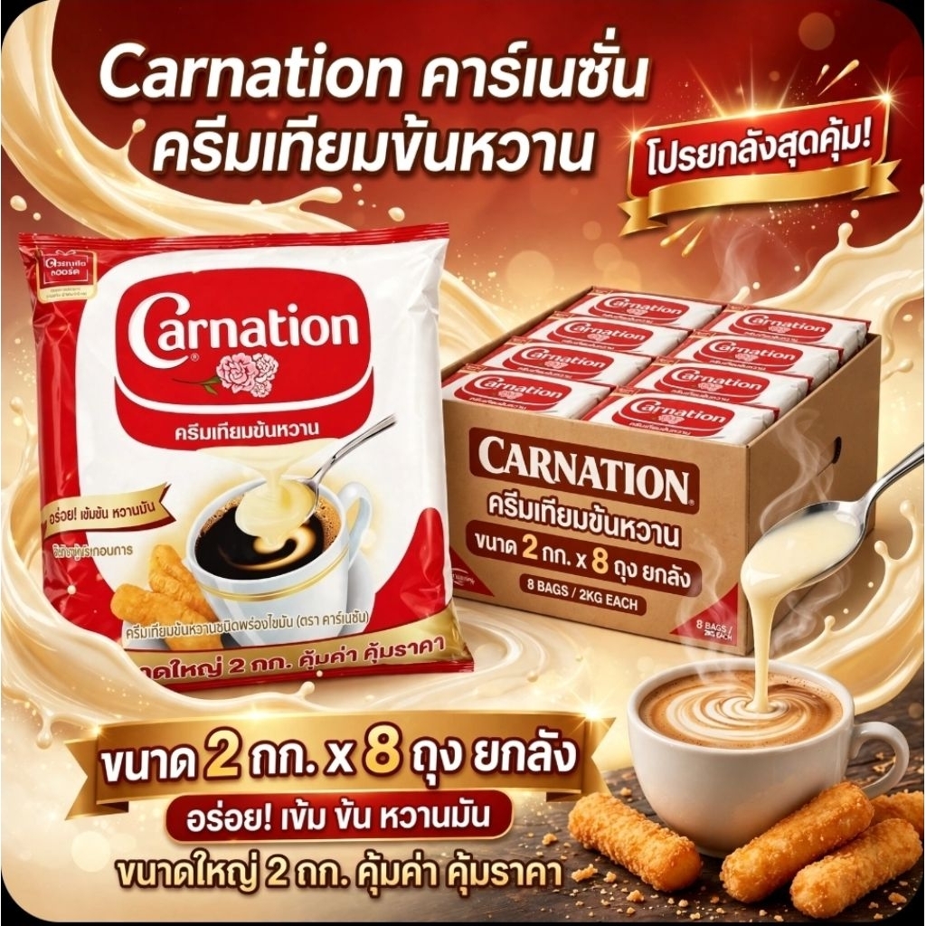 📦Carnation คาร์เนชั่น ครีมเทียมข้นหวาน ขนาด 2 กิโลกรัม.×8 ถุง.(ยกลัง).📦