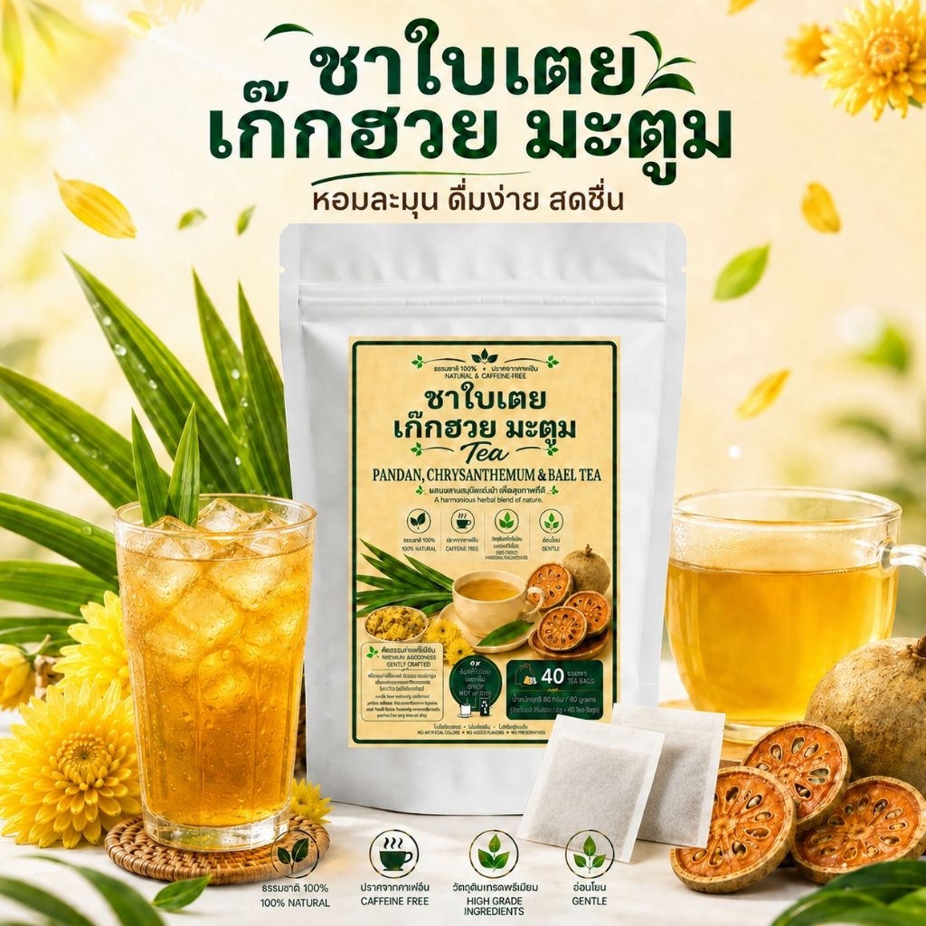 ชาใบเตย เก็กฮวย มะตูม40 ซอง หอมละมุน ไม่มีคาเฟอีน ไม่มีน้ำตาล ชงง่าย ดื่มได้ทั้งร้อนและเย็น ธรรมชาติ 100% รูปที่ 1