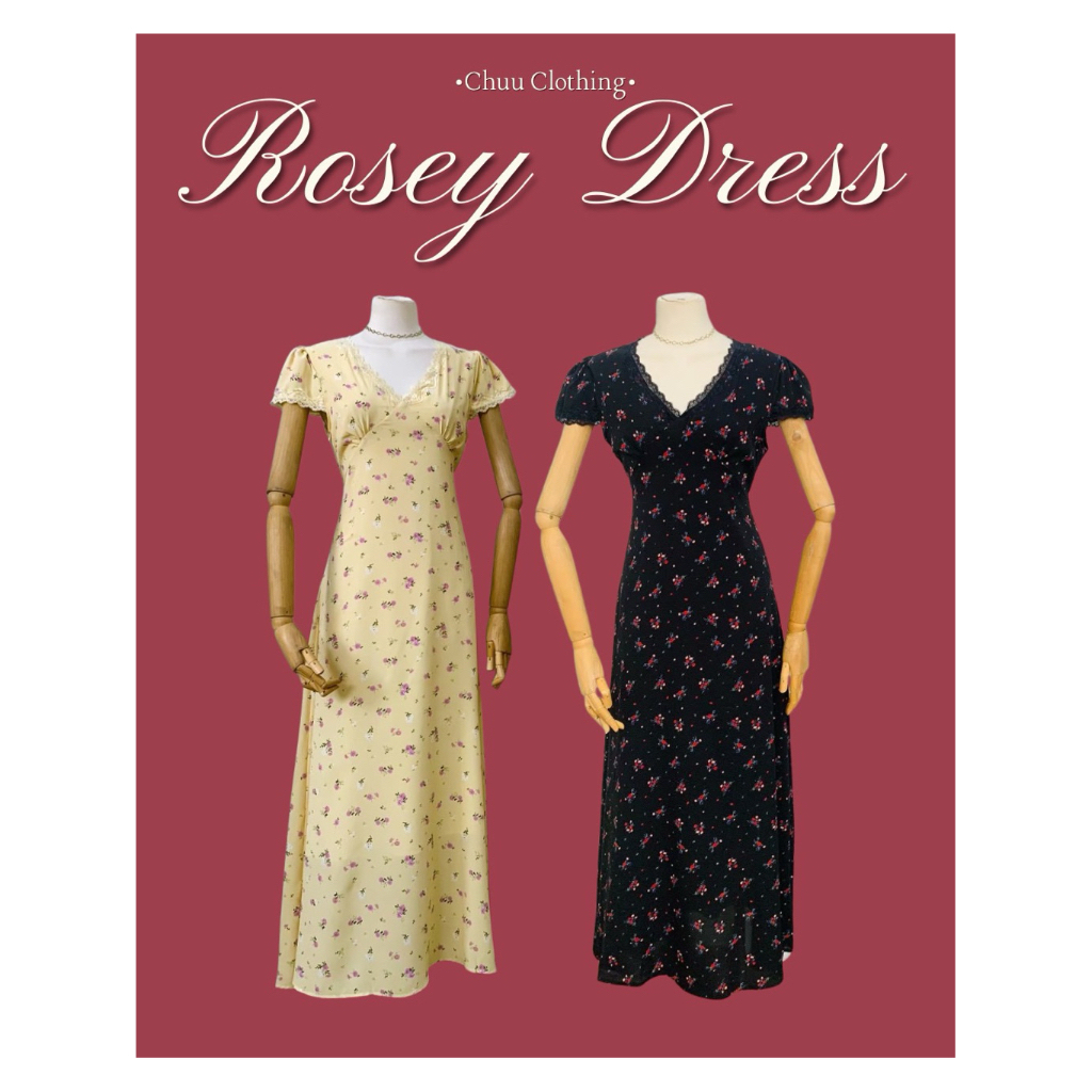 Chuuclothing Rosey dress [พร้อมส่งเหลืองดอกม่วง ดำดอกแดง] เก็บโค้ดหน้ากิจกรรม