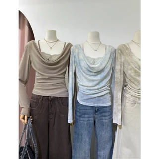 B713 | เสื้อคอเดรปแขนยาว + สายเดี่ยวลูกไม้ในตัว เสื้อทรงเข้ารูป คอเดรปทิ้งตัวเป็นชั้นๆ ช่วยให้ช่วงค