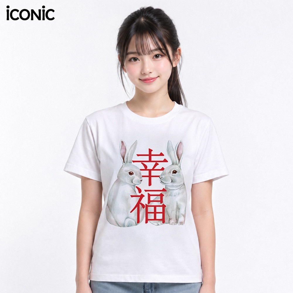 iCONIC WHITE RED FONT RABBIT COUPLE T-SHIRT NO.3 #7138 เสื้อยืด สีขาว คำแดง ลายกระต่ายคู่ แบบ3