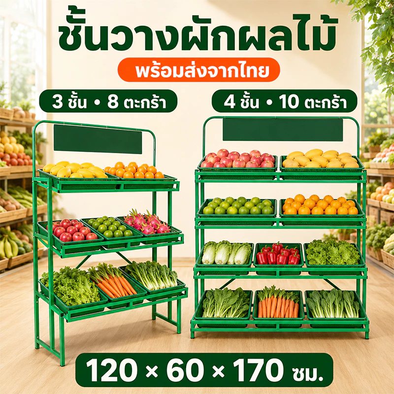 3ชั้น/4ชั้น ชั้นวางผลไม้ ชั้นวางแสดงผลไม้และผัก ซุปเปอร์มาร์เก็ตชั้นวางผักและผลไม้ ร้านสะดวกซื้อ ชั้นเก็บของ พร้อมตะกร้า