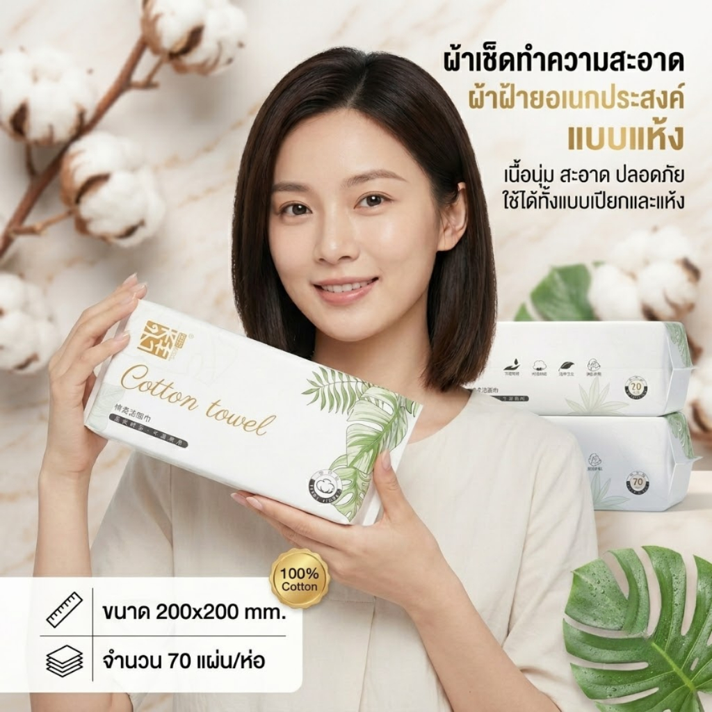 ผ้าฝ้าย ผ้าเช็ดทำความสะอาดอเนกประสงค์ cotton 100% แบบแห้ง ขนาด 200x200mm. หนานุ่ม อ่อนโยน จำนวน 70 แผ่น/ห่อ