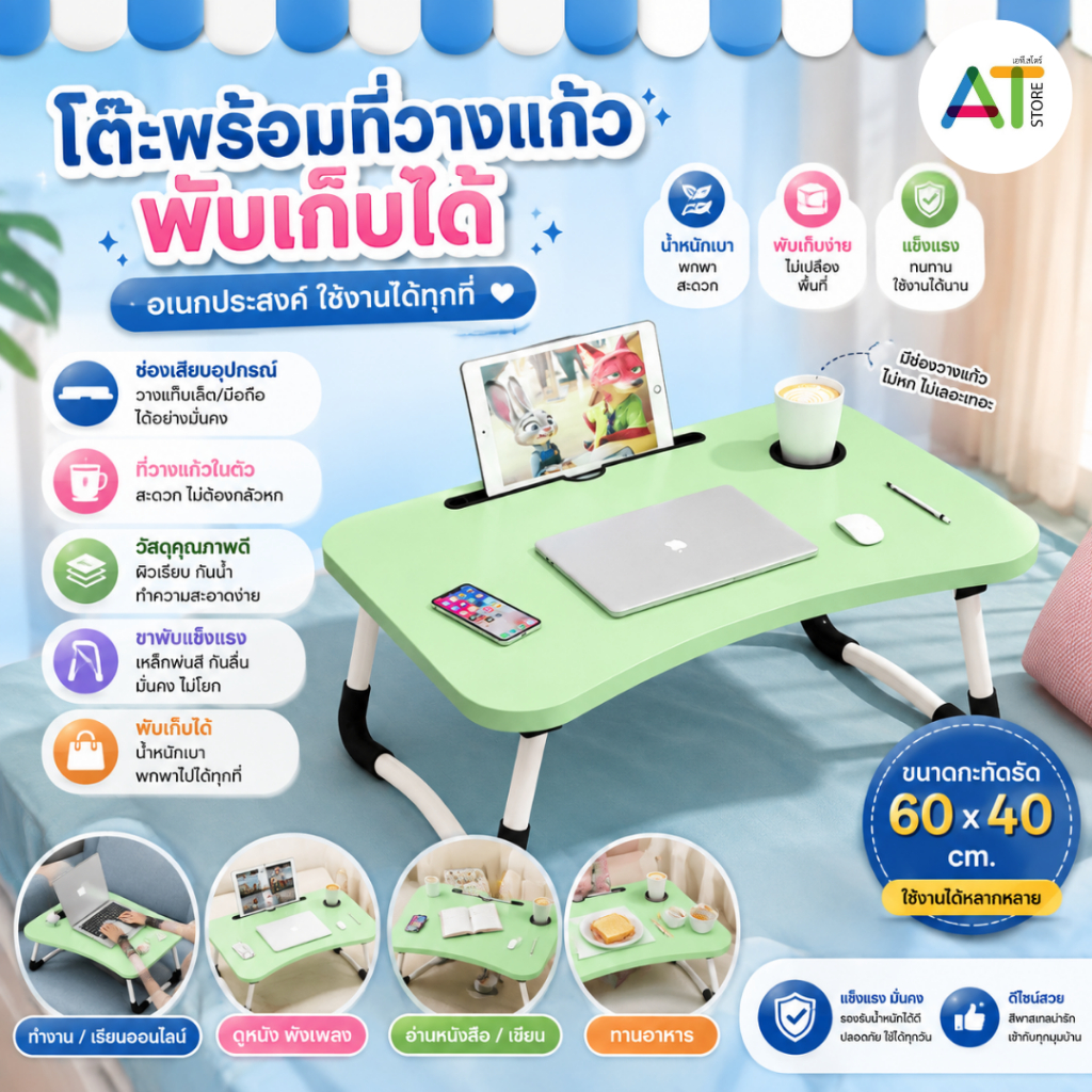 AT.Store โต๊ะญี่ปุ่นพับได้ โต๊ะวางโน๊ตบุ๊ค/อ่านหนังสือ โต๊ะทำงานบนเตียงพร้อมช่องวางแก้วและแท็บเล็ต สีพาสเทลสดใส