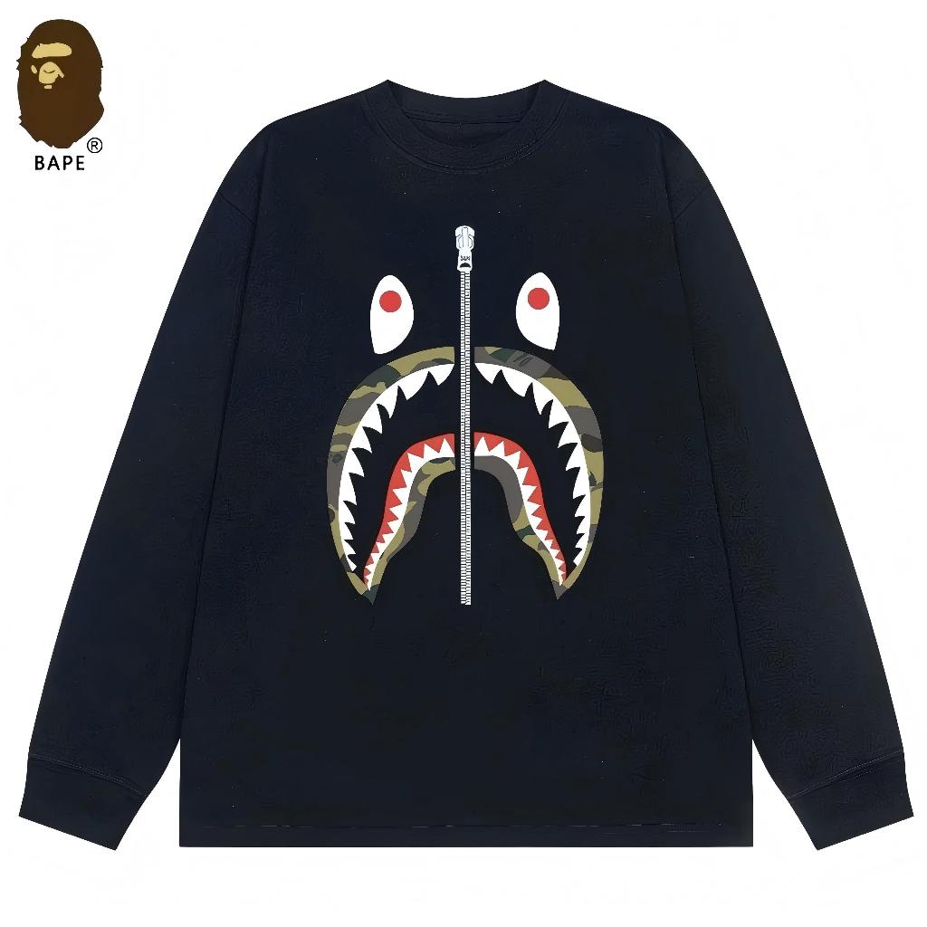 BAPE🇯🇵 SHARK BAPE เสื้อยืดแขนยาว เสื้อกีฬา มนุษย์หัวลิง เสื้อชั้นในสำหรับผู้ชาย