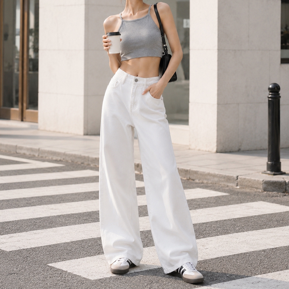 FLAER DenimStudio กางเกงยีนส์สีขาว กางเกงยีนส์ทรงยาว ดีไซน์เอวสูง รูปทรงสวยงามมาก ผ้าไม่ยืดหยุ่น ขาตรง ใส่สบาย ขนาดS-3XL