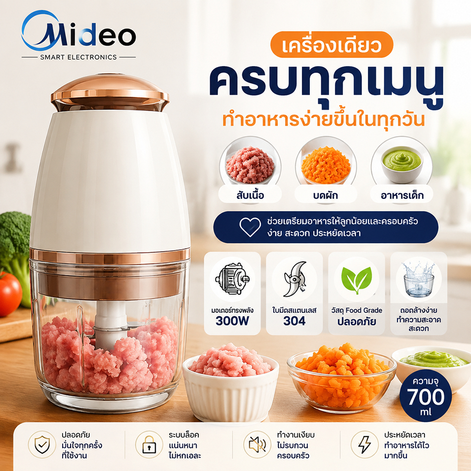 รับประกัน 5ปี Mideo เครื่องปั่นอาหารเด็ก เครื่องบดอาหาร 700ML เครื่องปั่นอาหาร 350W เนื้อสัตว์ พริก ผัก ผลไม้ เครื่