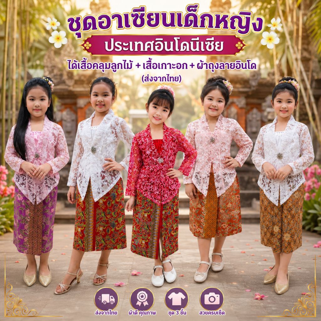 ชุดอาเซียนเด็กหญิงประเทศอินโด ชุดเด็กอาเซียนอินโดนีเซีย ได้เสื้อลูกไม้+เสื้อเกาะอก+ผ้าถุง (ส่งจากไทย)