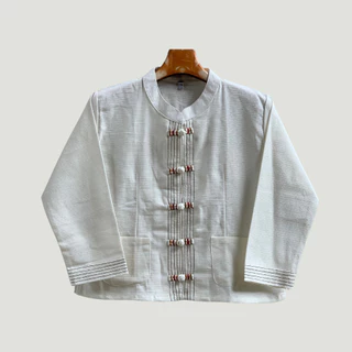 เสื้อผ้าฝ้ายชินมัยผู้หญิง คอจีนไทลื้อผ่าหน้า กระดุมตะกร้อด้นด้ายสีสวยๆ งานเย็บประณีต มาพร้อมงานเดินเส้นที่เป็นเอกลักษณ์