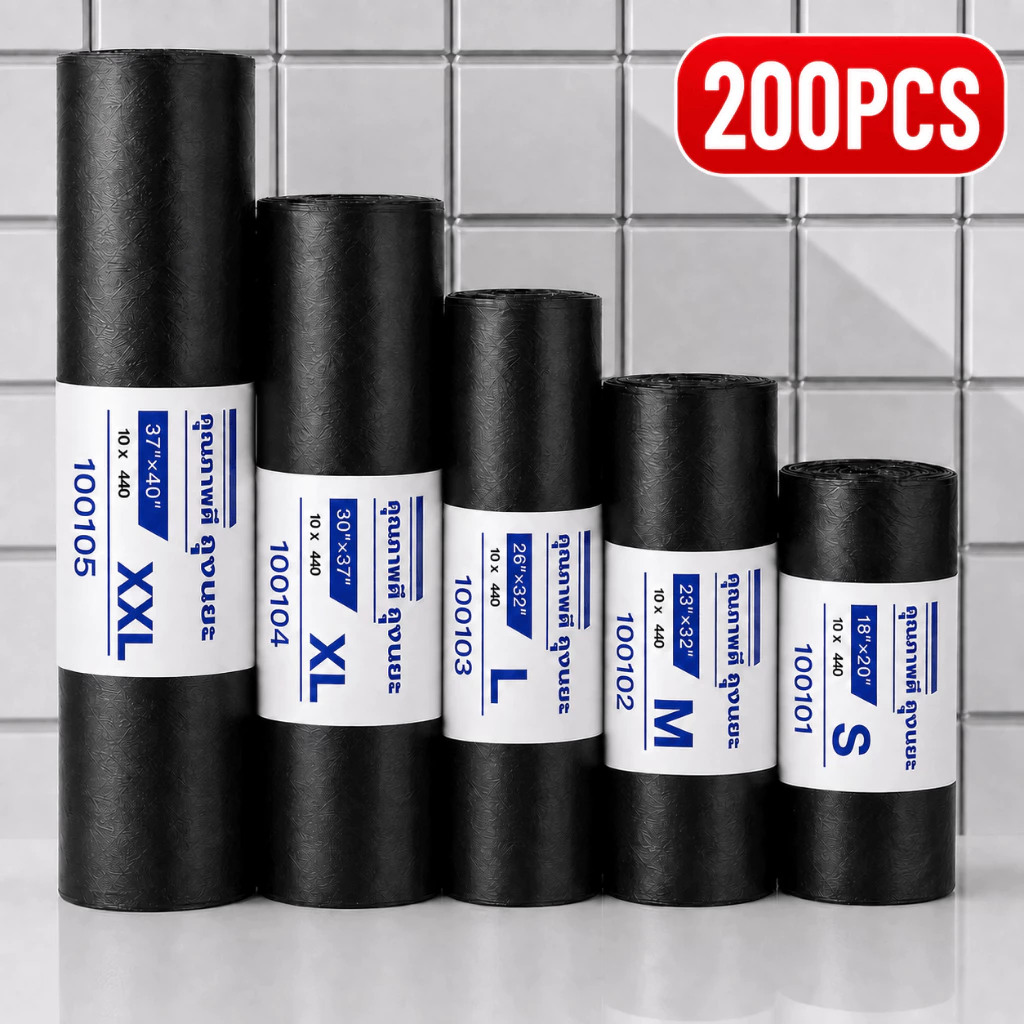 ถุงขยะดำ 200 ใบ แบบม้วน หนาเหนียว ไม่ขาดง่าย ไม่รั่วซึม รับน้ำหนักดี มีหลายขนาด