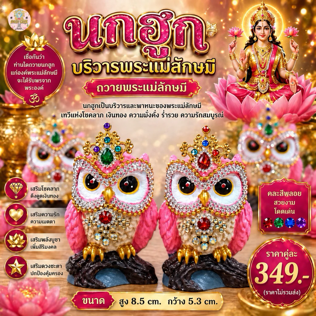 นกฮูกบริวารพระแม่ลักษมี นกฮูกสีชมพู ประดับพลอย #ถวายพระแม่ลักษมี 🕉🦉
